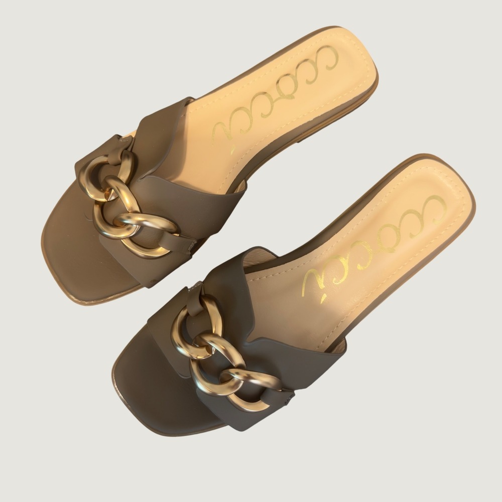 1505 | NEW! Ccocci Baylor Gold Chain Square Toe Slide Mule Sandals Mocha Women 8